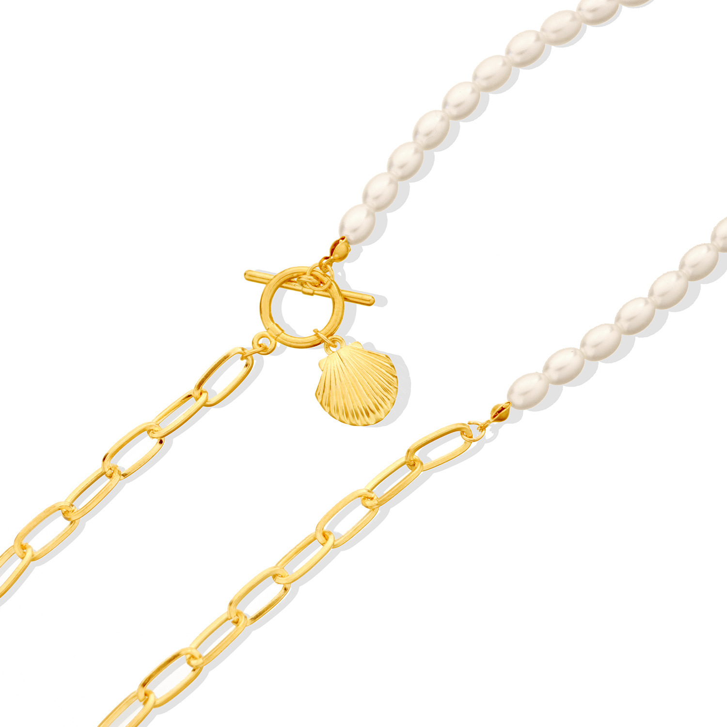 rice grain pearl lock shaped scallop pendant necklace for women. trendy and stylish simple necklace.