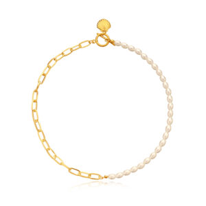 rice grain pearl lock shaped scallop pendant necklace for women. trendy and stylish simple necklace.