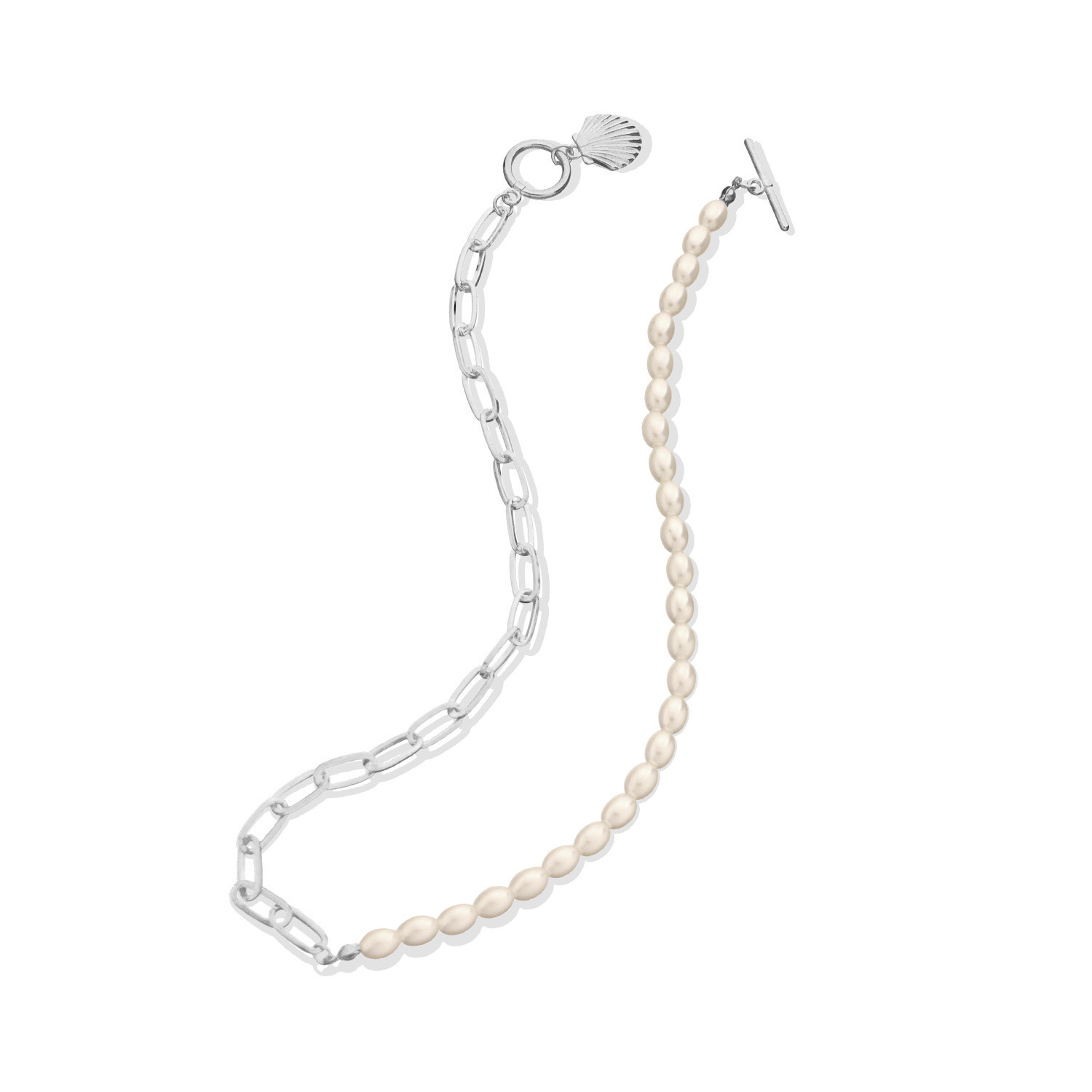 rice grain pearl lock shaped scallop pendant necklace for women. trendy and stylish simple necklace.