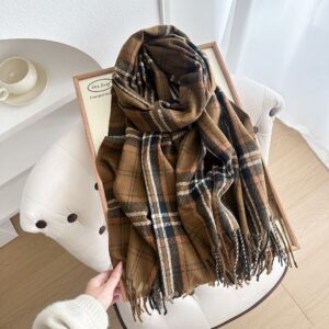 western style plaid scarf for women in winter with pinstripe students, warm and thick imitation cashmere long shawl neck scarf