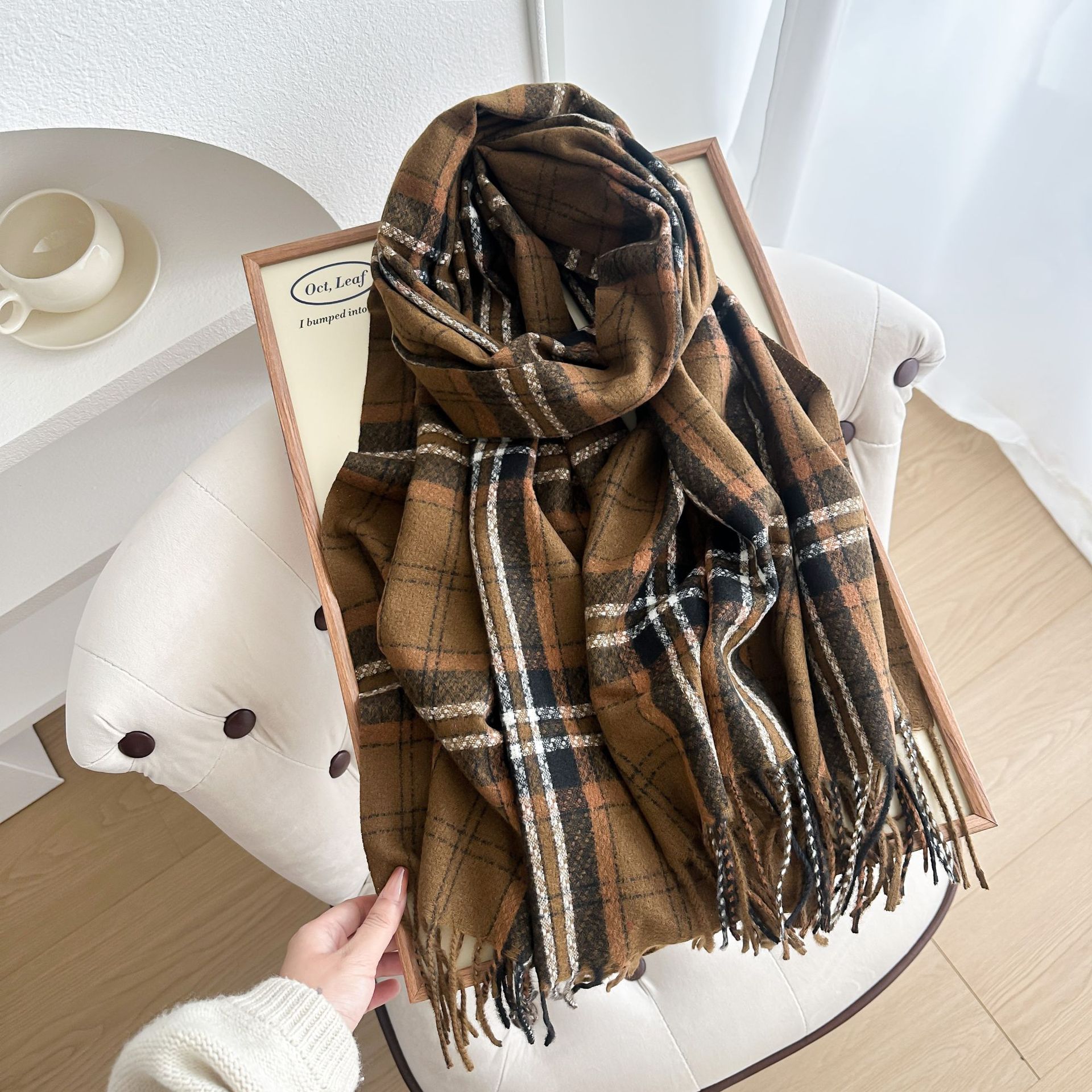 western style plaid scarf for women in winter with pinstripe students, warm and thick imitation cashmere long shawl neck scarf
