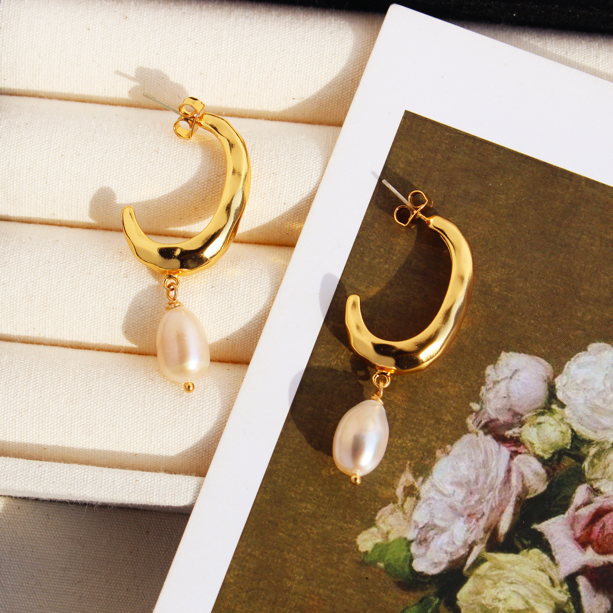 french retro hammered texture geometric earrings for women niche light luxury natural pearl earrings