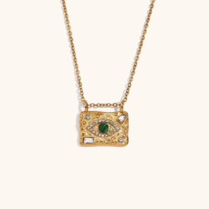 malachite eye zircon rhinestone square pendant necklace 18k stainless steel plated sweater chain
