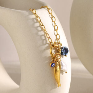 european and american temperament niche pendant stainless steel 18k gold plated small o chain spring buckle fish pendant necklace