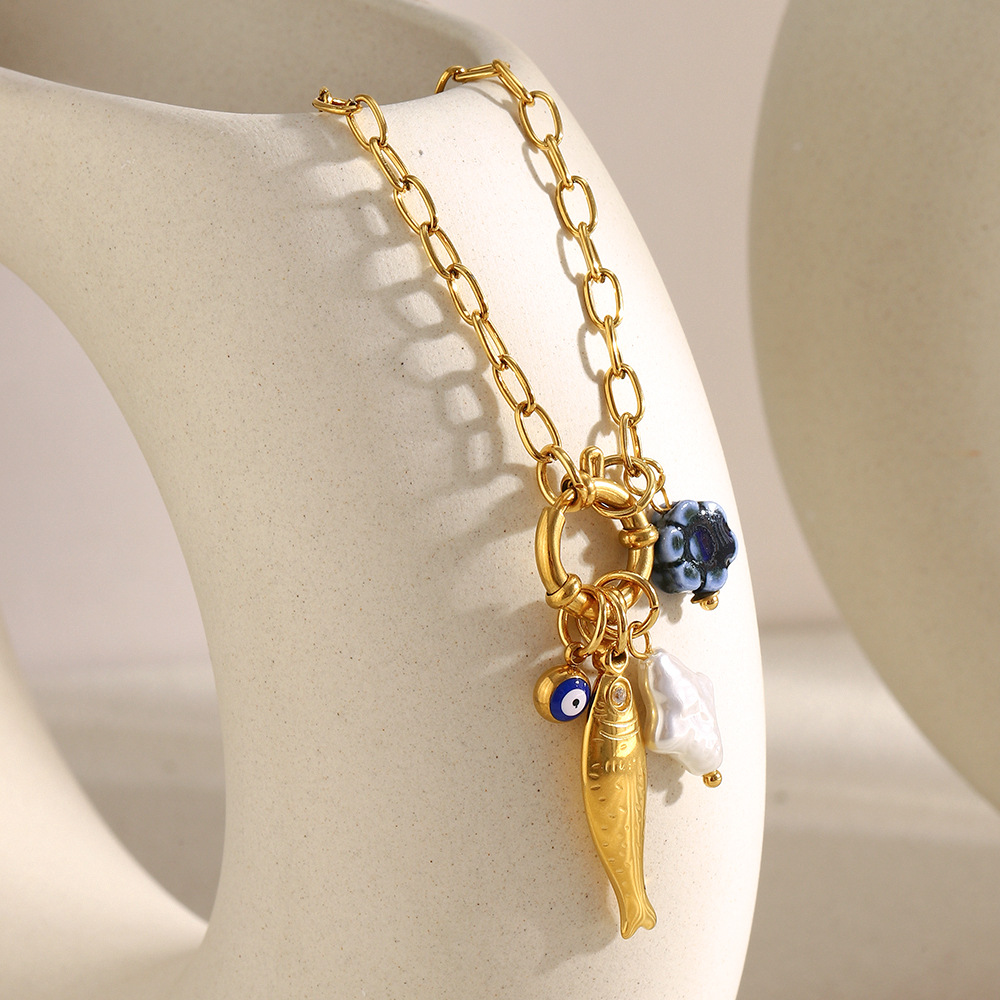 european and american temperament niche pendant stainless steel 18k gold plated small o chain spring buckle fish pendant necklace
