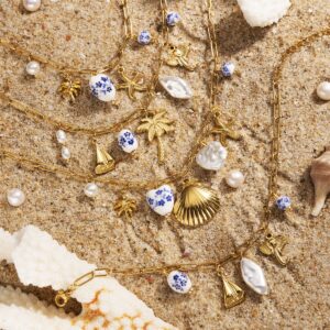 new creative ocean series stainless steel necklace bracelet ceramic pattern coconut tree pearl shell jewelry