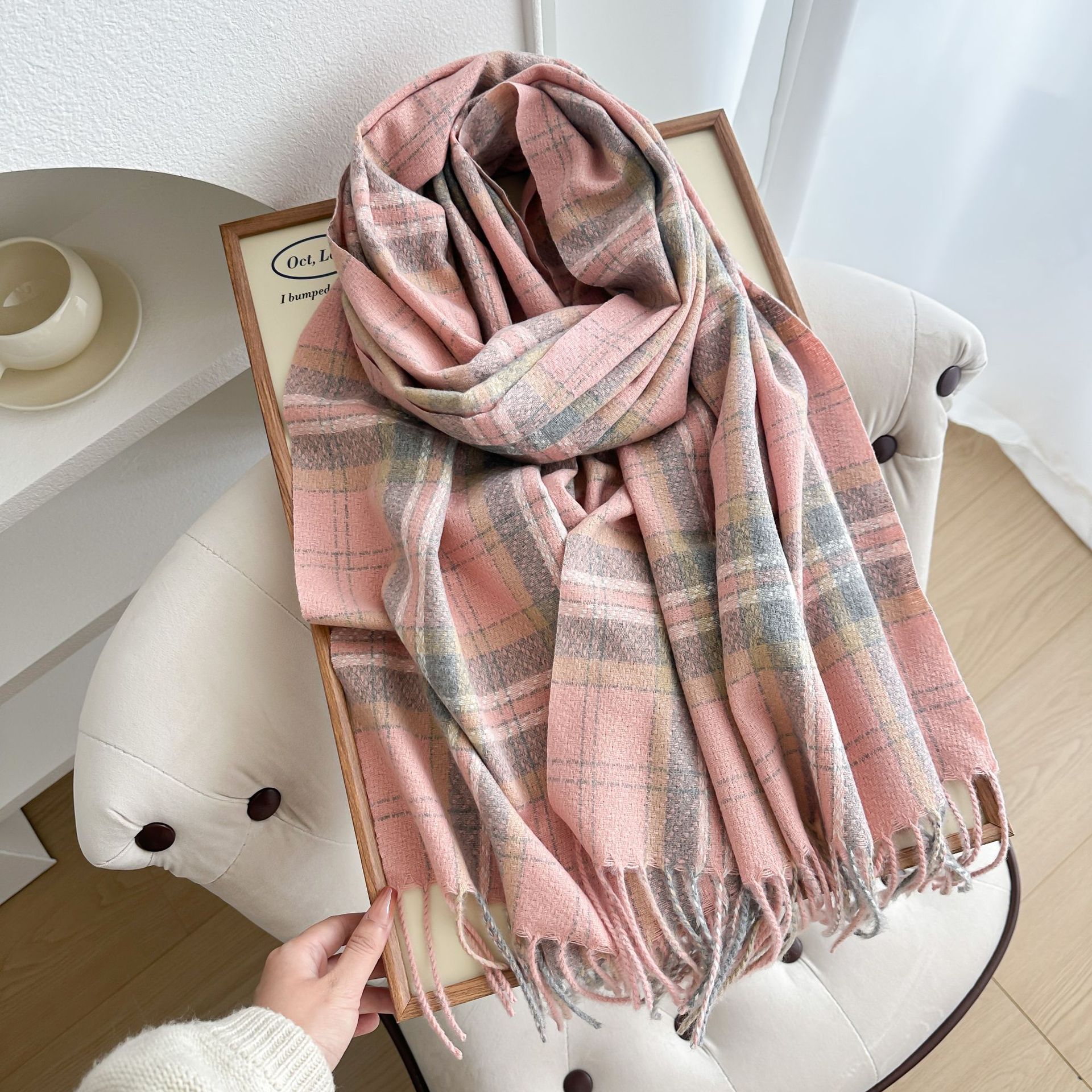 western style plaid scarf for women in winter with pinstripe students, warm and thick imitation cashmere long shawl neck scarf