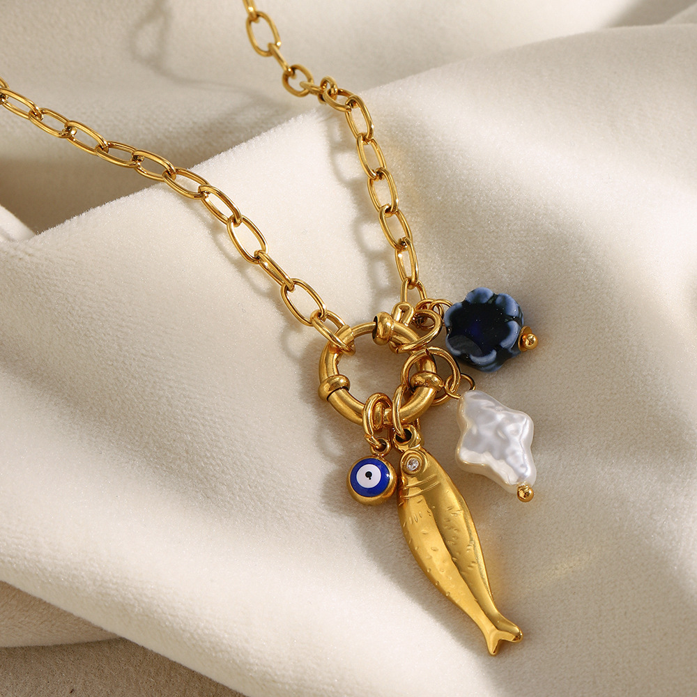 european and american temperament niche pendant stainless steel 18k gold plated small o chain spring buckle fish pendant necklace