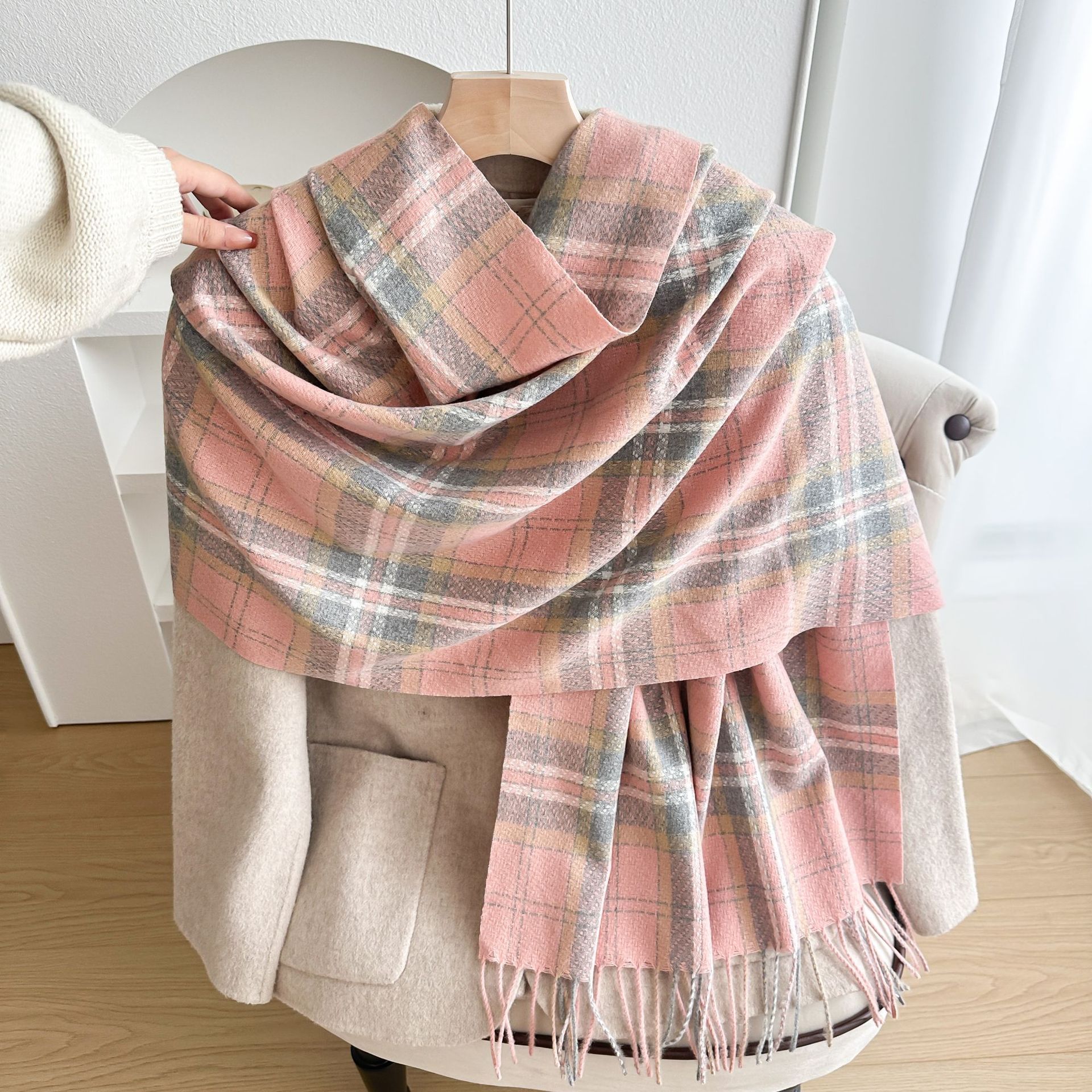 western style plaid scarf for women in winter with pinstripe students, warm and thick imitation cashmere long shawl neck scarf