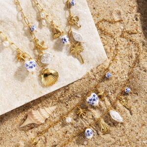 new creative ocean series stainless steel necklace bracelet ceramic pattern coconut tree pearl shell jewelry