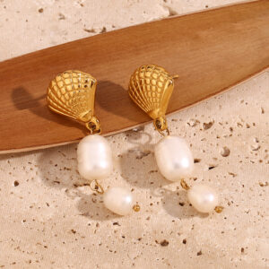 european and american fashion retro niche earrings stainless steel 18k gold plated shell pearl pendant tassel earrings