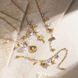 new creative ocean series stainless steel necklace bracelet ceramic pattern coconut tree pearl shell jewelry