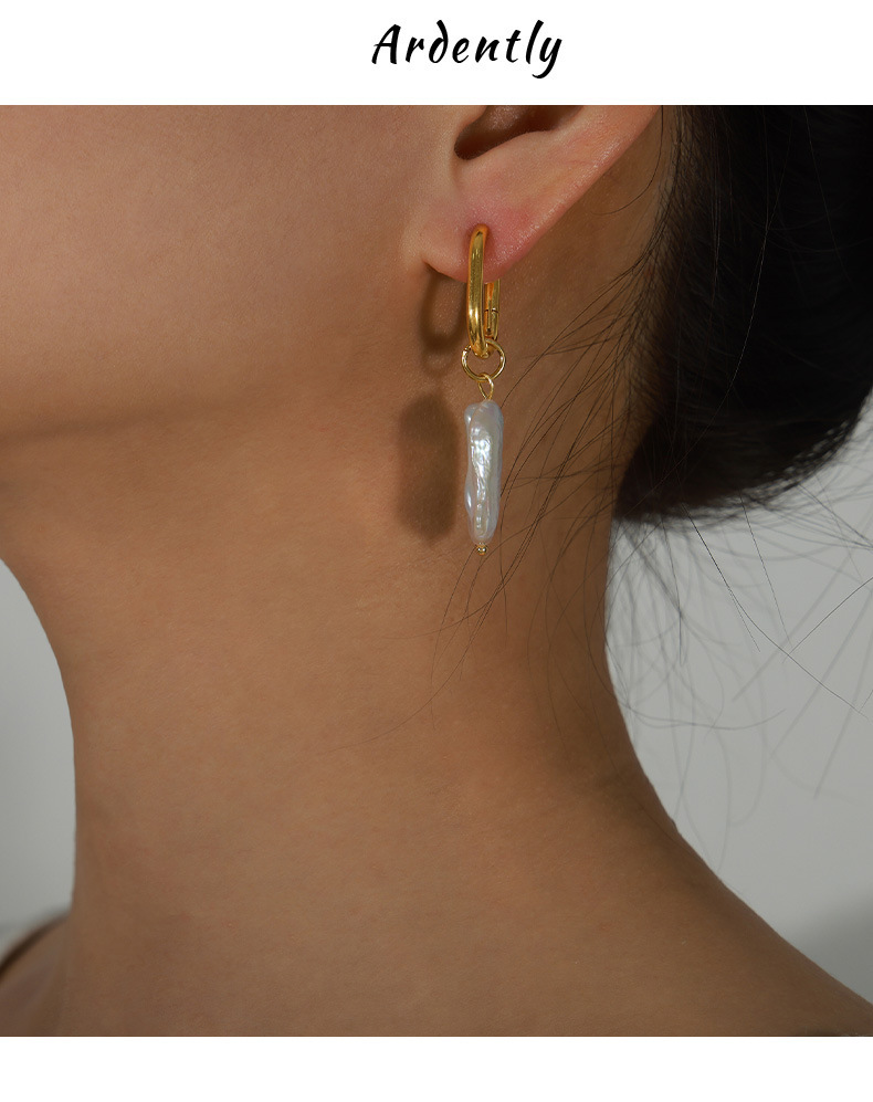 new retro light luxury personality titanium steel gold plated irregular freshwater pearl earrings female jewelry