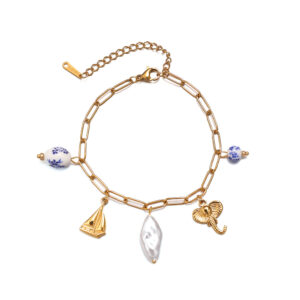 new creative ocean series stainless steel necklace bracelet ceramic pattern coconut tree pearl shell jewelry