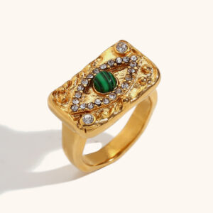 malachite eye zircon rhinestone square pendant necklace 18k stainless steel plated sweater chain