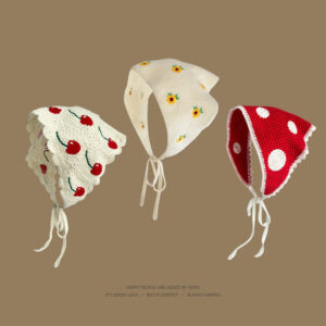 french cherry triangle scarf for women, spring and autumn travel, parent child style, knitted crochet hollow literary headscarf, hairband and headband