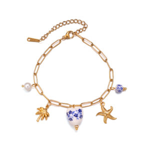 new creative ocean series stainless steel necklace bracelet ceramic pattern coconut tree pearl shell jewelry