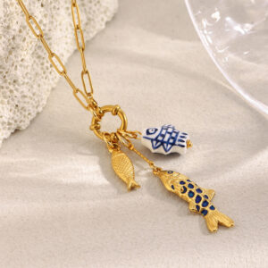 popular personalized design stainless steel 18k gold plated paper clip spring buckle fish pendant necklace