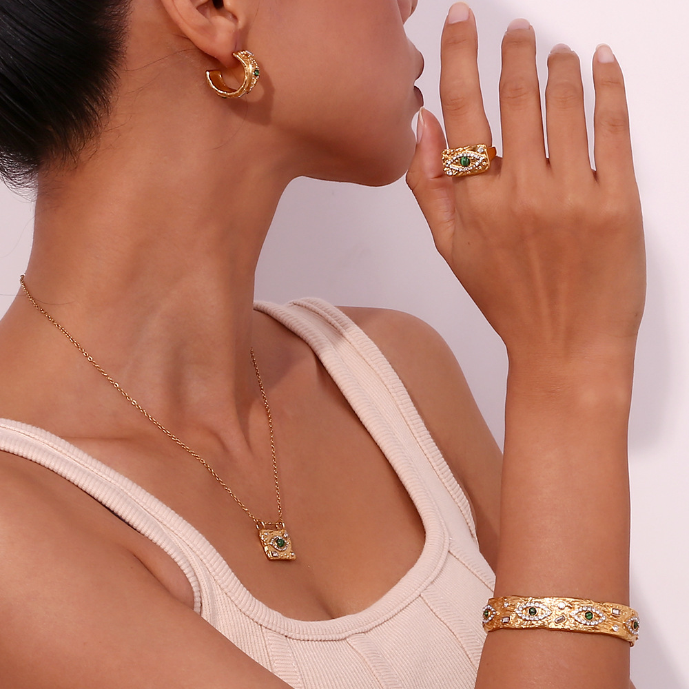 malachite eye zircon rhinestone square pendant necklace 18k stainless steel plated sweater chain