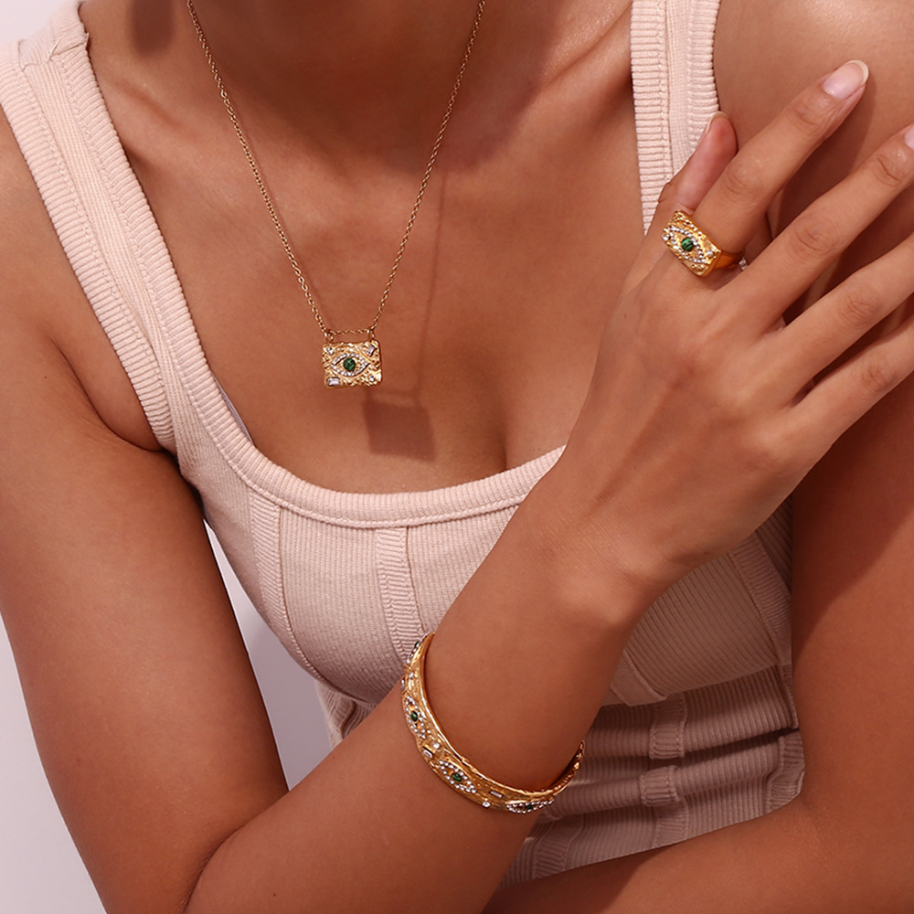 malachite eye zircon rhinestone square pendant necklace 18k stainless steel plated sweater chain