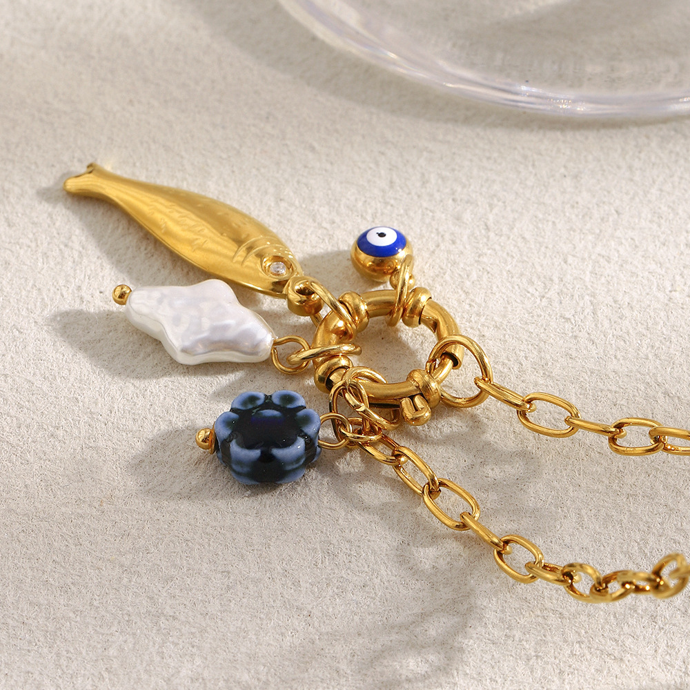 european and american temperament niche pendant stainless steel 18k gold plated small o chain spring buckle fish pendant necklace