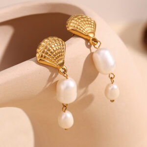 european and american fashion retro niche earrings stainless steel 18k gold plated shell pearl pendant tassel earrings