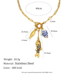 popular personalized design stainless steel 18k gold plated paper clip spring buckle fish pendant necklace