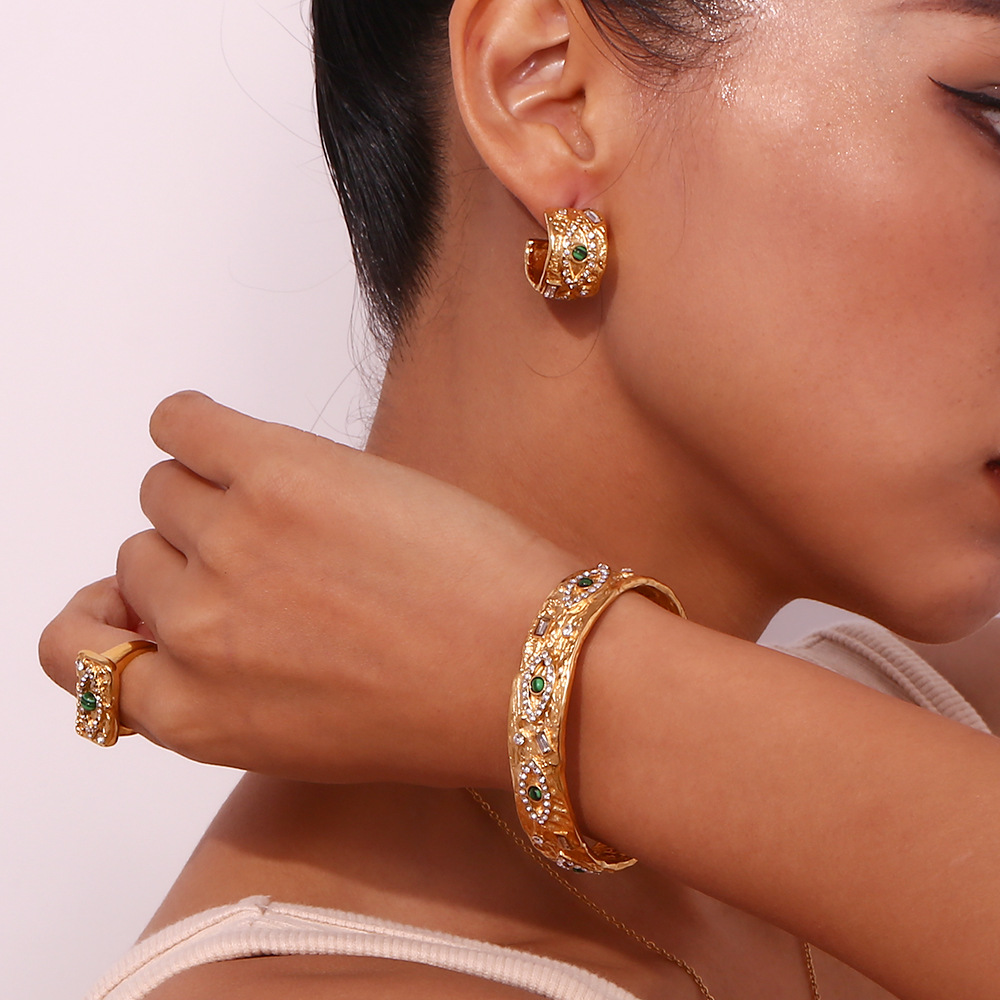 malachite eye zircon rhinestone square pendant necklace 18k stainless steel plated sweater chain