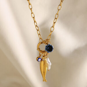 european and american temperament niche pendant stainless steel 18k gold plated small o chain spring buckle fish pendant necklace