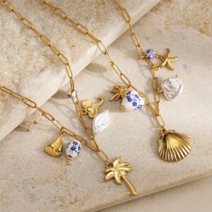 new creative ocean series stainless steel necklace bracelet ceramic pattern coconut tree pearl shell jewelry