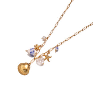 new creative ocean series stainless steel necklace bracelet ceramic pattern coconut tree pearl shell jewelry