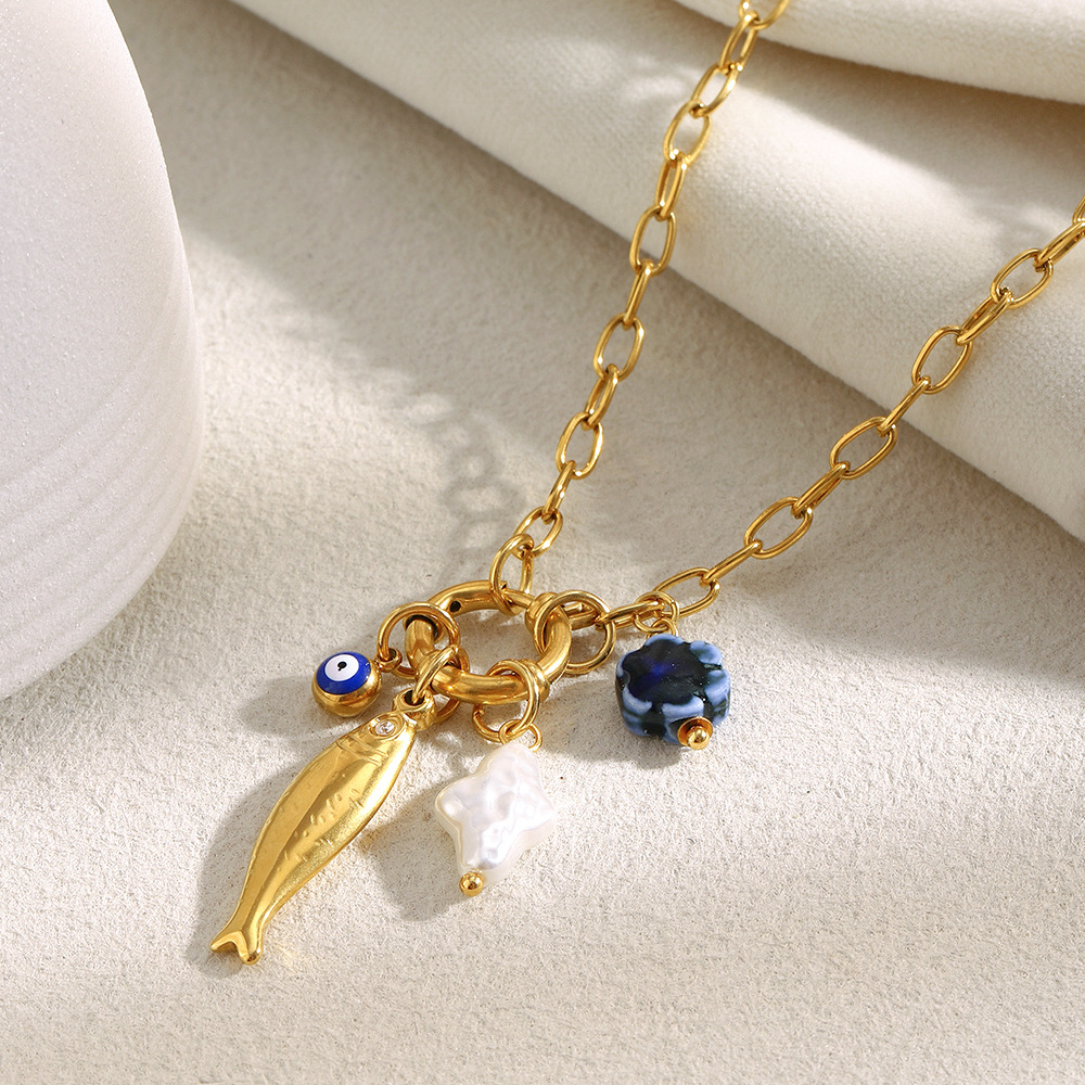 european and american temperament niche pendant stainless steel 18k gold plated small o chain spring buckle fish pendant necklace