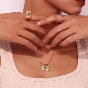 malachite eye zircon rhinestone square pendant necklace 18k stainless steel plated sweater chain