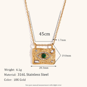 malachite eye zircon rhinestone square pendant necklace 18k stainless steel plated sweater chain