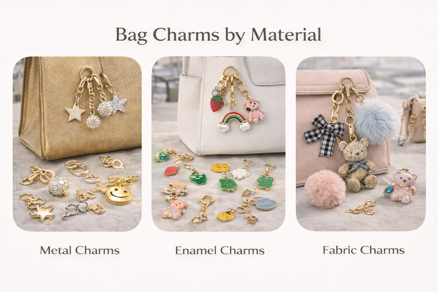 Bag charms by material including metal, enamel and fabric styles for wholesale collections