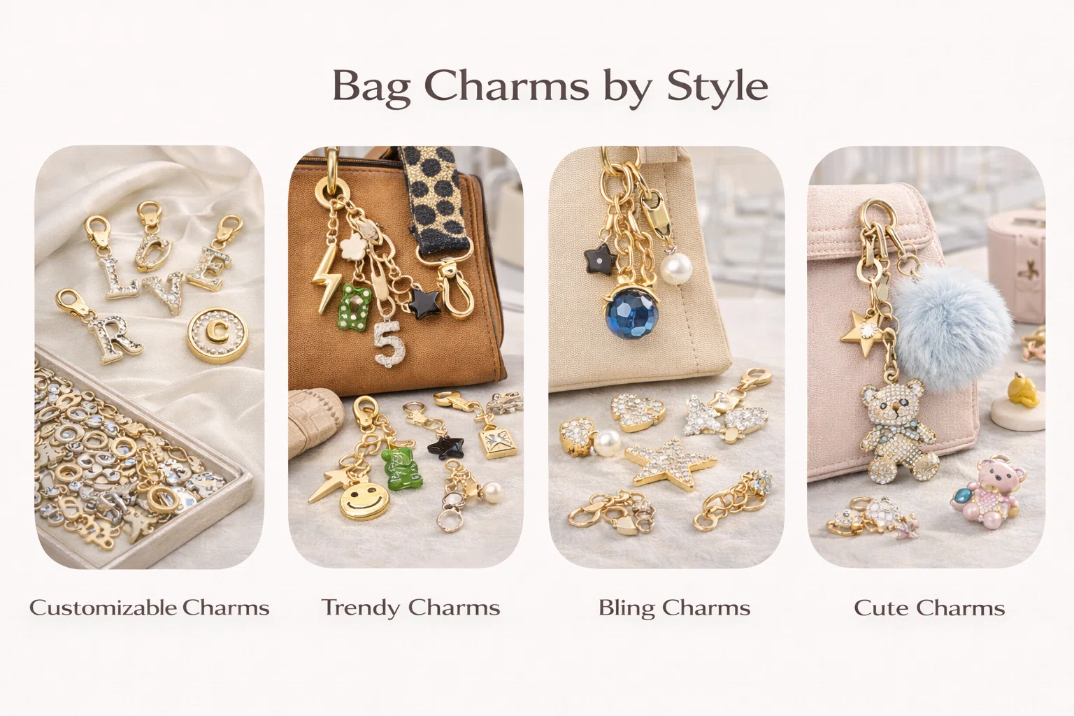 Bag charms by style for fast fashion brands and wholesale buyers
