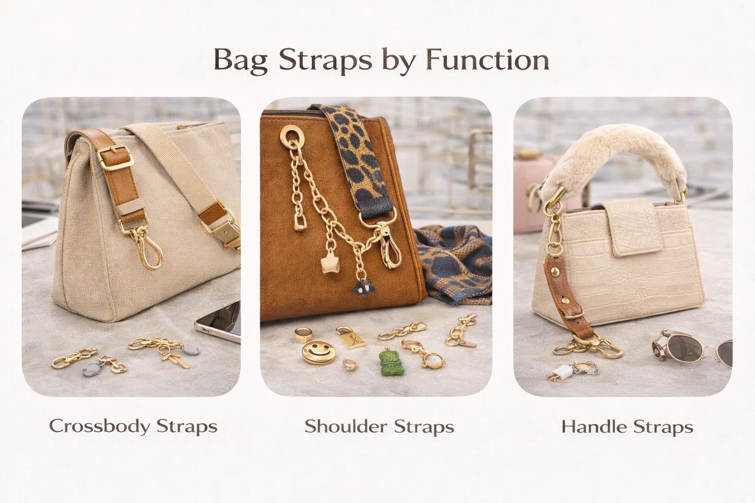 bag straps by function including crossbody, shoulder and handle styles for wholesale collections