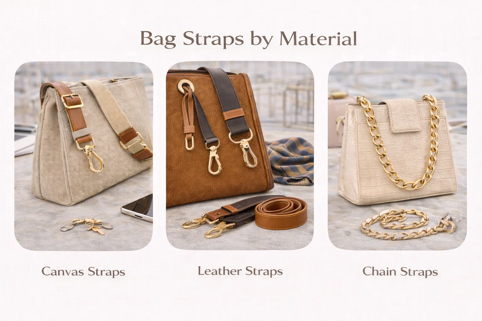 Bag straps by material including canvas, leather and chain styles for wholesale collections