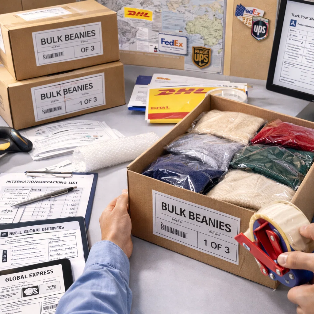 Packing and shipping support for wholesale beanies with export-ready cartons and global delivery coordination