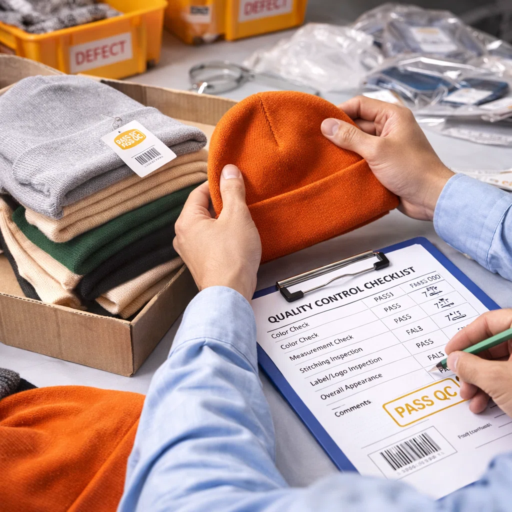 Standard QC process for wholesale beanies ensuring consistent bulk quality, stitching and color inspection