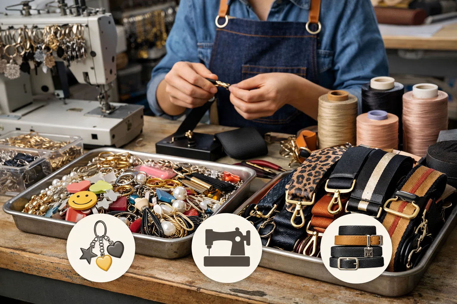 Category-specific manufacturing alignment for bag charms and bag straps production