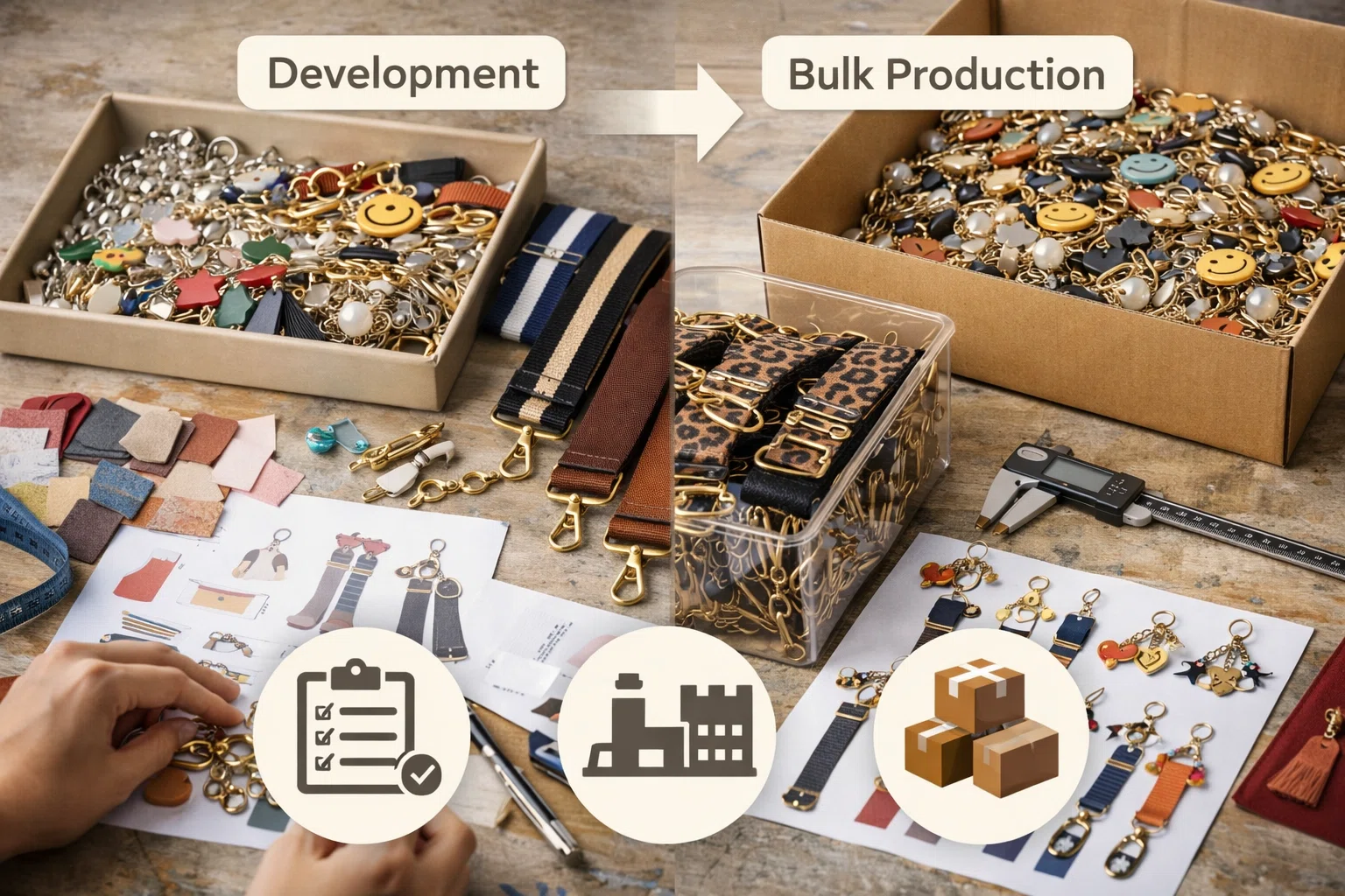 development to production transition bag charms bag straps