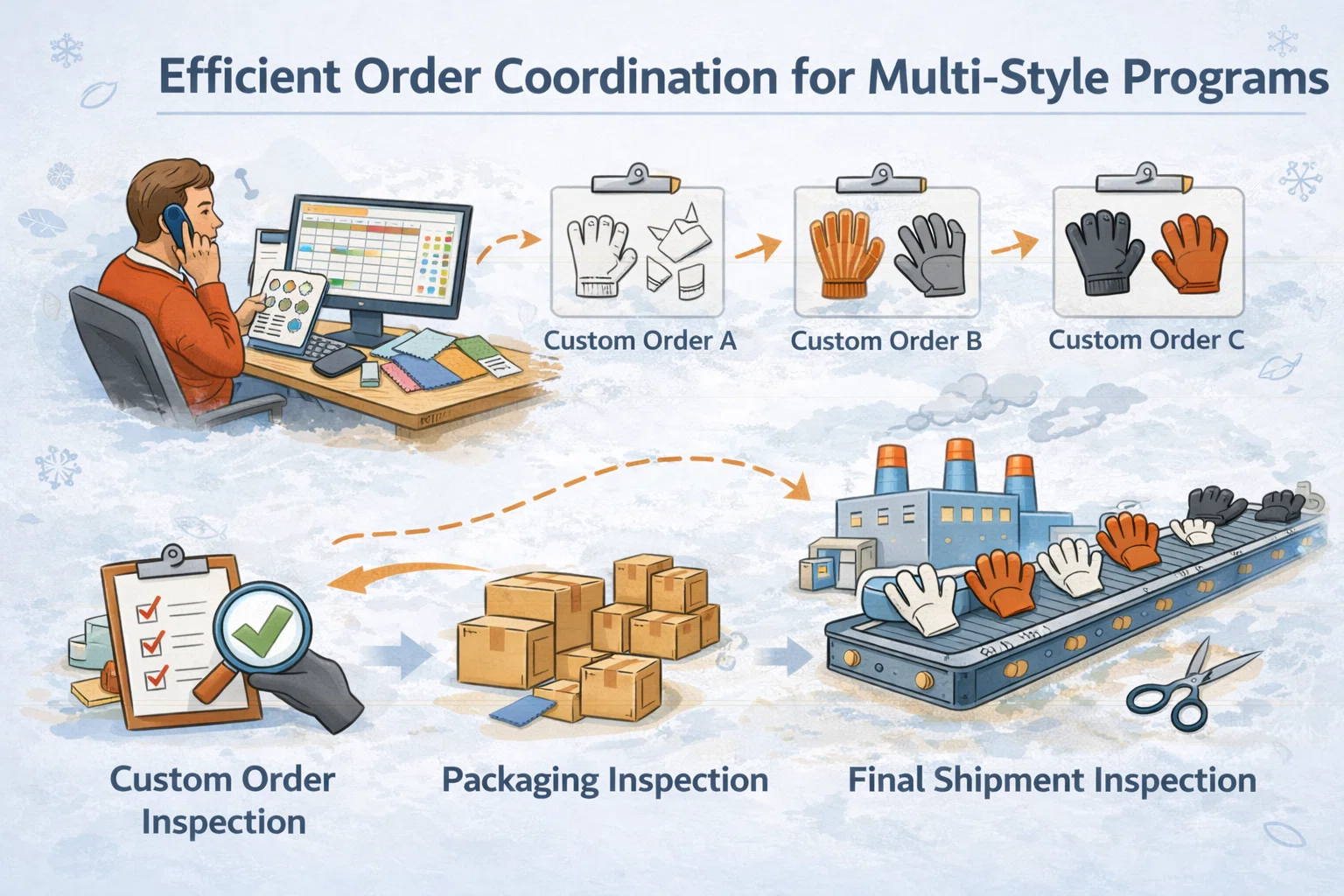 Efficient order coordination for multi-style wholesale gloves programs with bulk production tracking and delivery control