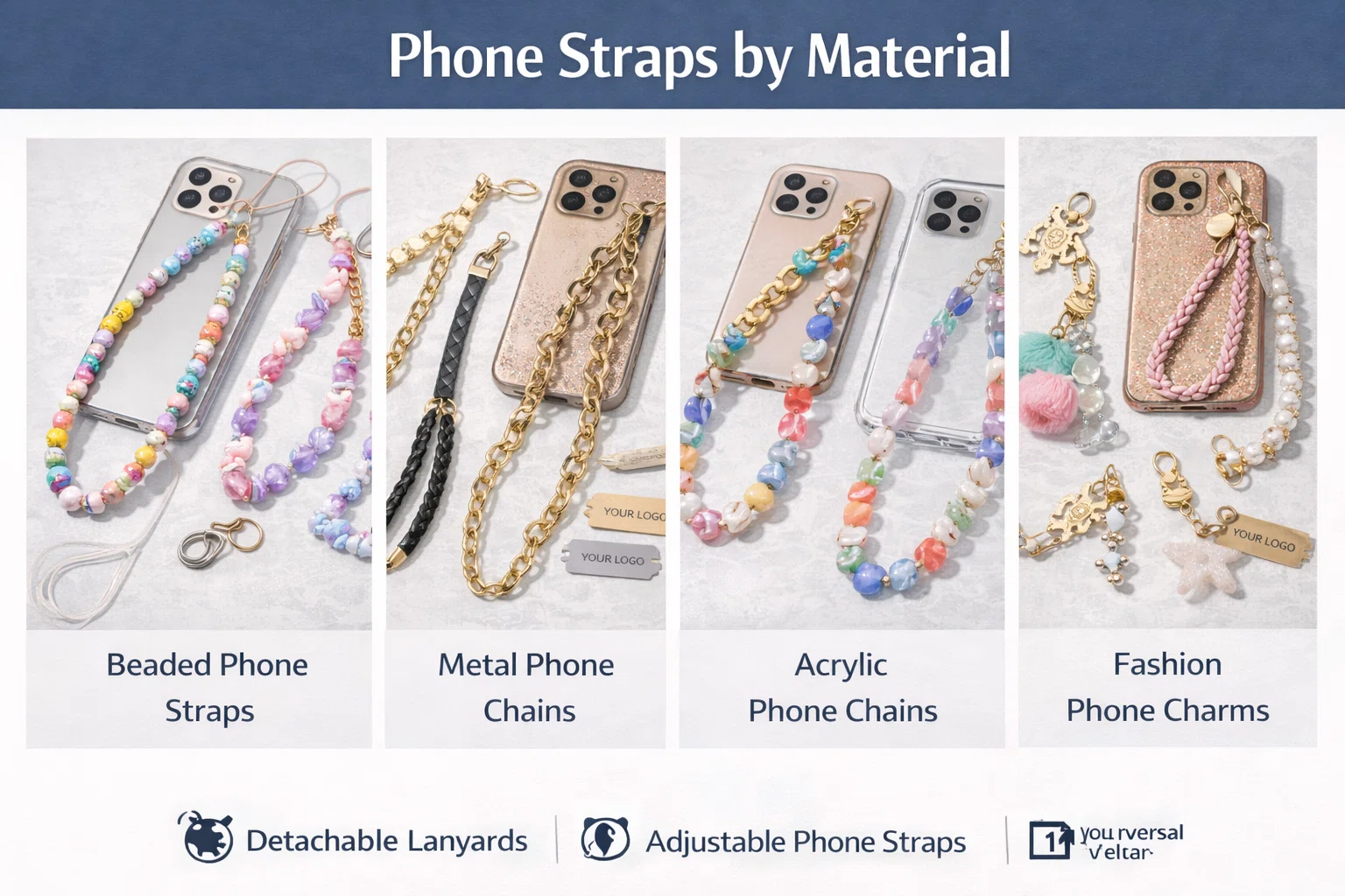 Fashion phone chains and phone charms by material, including beaded, metal and acrylic phone straps