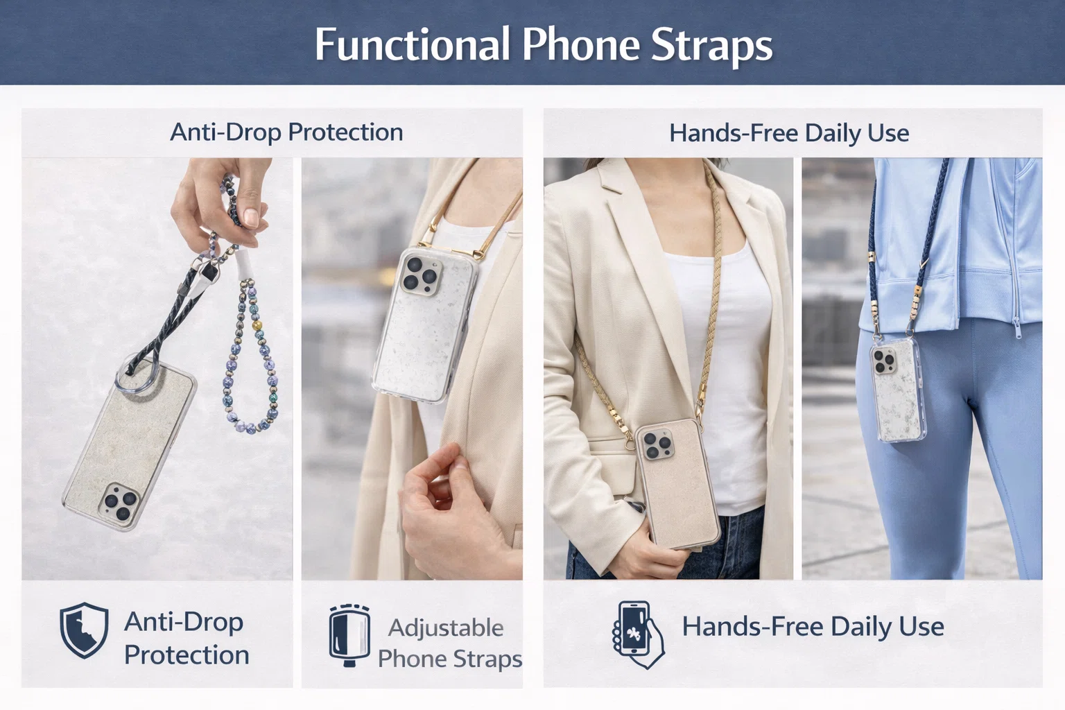Functional phone straps designed for anti-drop protection and hands-free daily use.