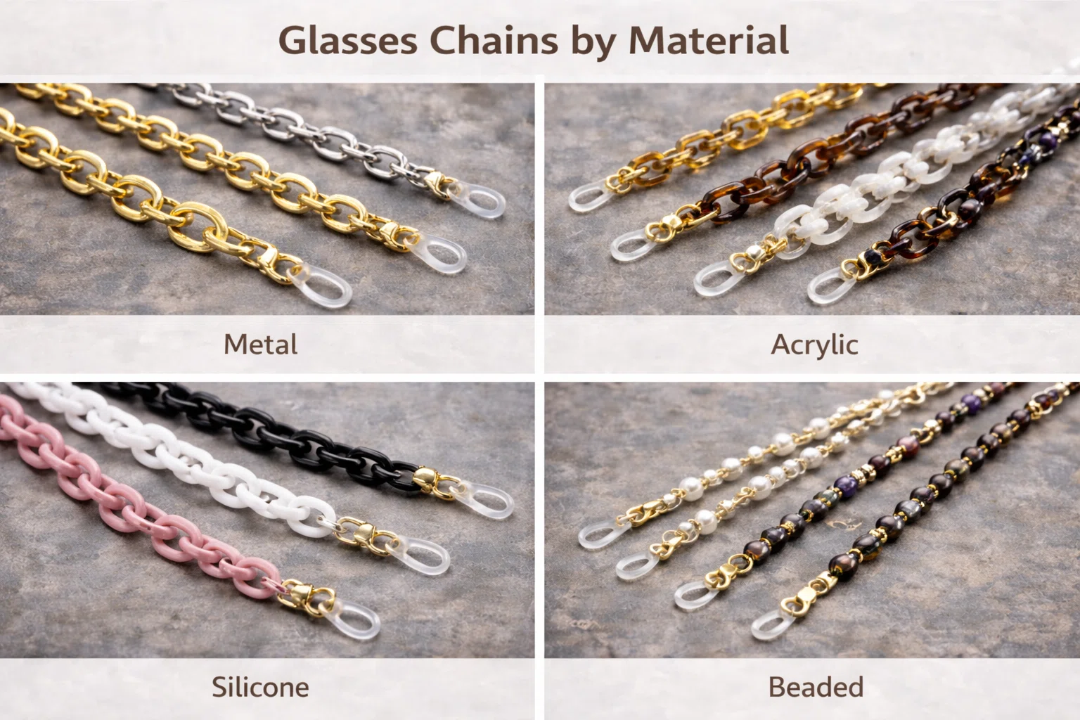 Glasses chains by style including metal, beaded, acrylic and mixed designs for fast fashion wholesale