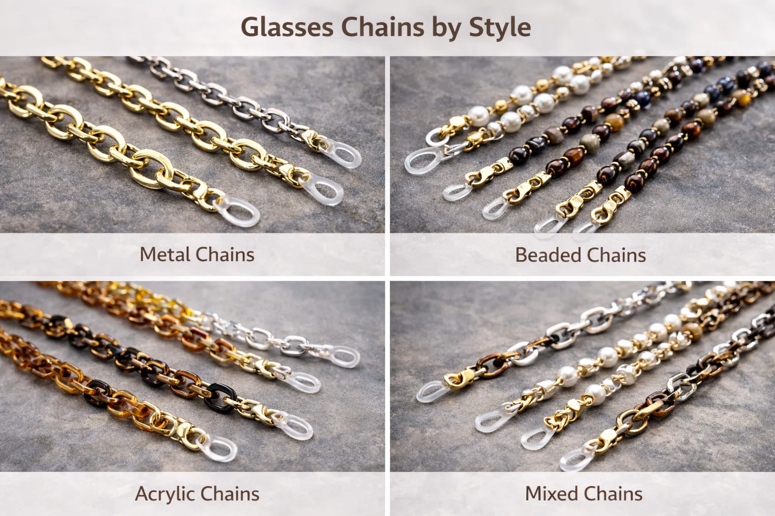 Glasses chains by style including metal, beaded, acrylic and mixed designs for fast fashion wholesale