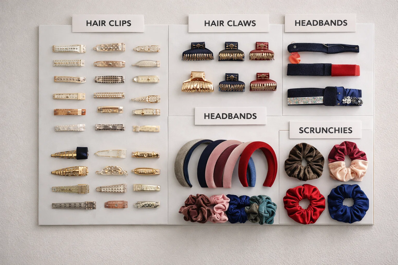Wholesale hair accessories sampling board demonstrating multi-category manufacturing alignment and product range planning
