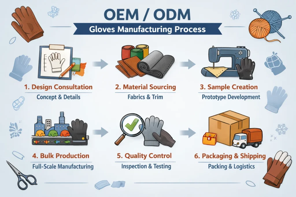 OEM/ODM gloves manufacturing process from sampling to bulk production with quality control and export packing support