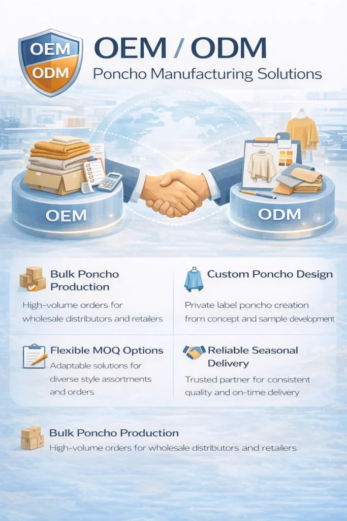 OEM and ODM poncho manufacturing solutions supporting custom design, private label production, flexible MOQ and wholesale orders